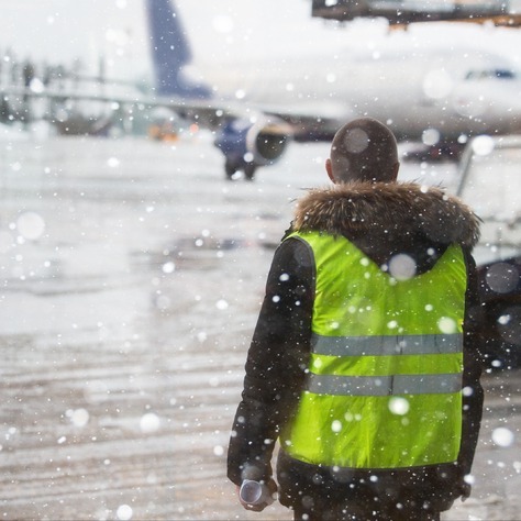 maintenance worker on a snowy runway