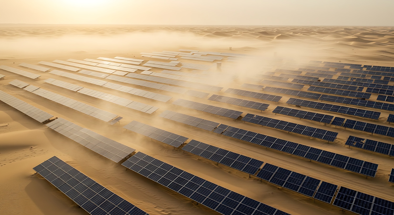 solar array in a desert with sand blowing