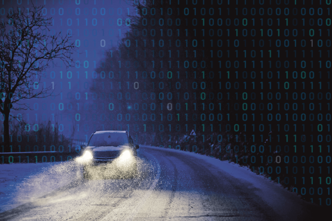 car driving on icy road at night with numbers overlayed