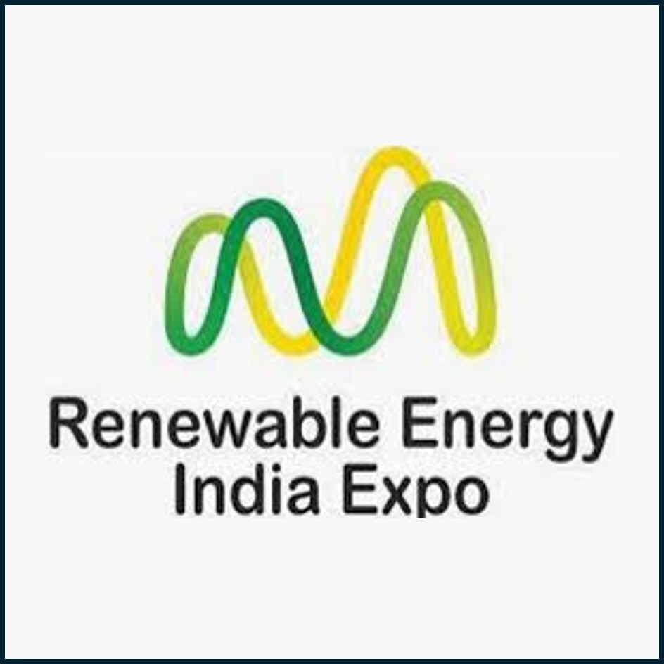 Renewable Energy India Expo 2026 logo featuring a green‑and‑orange sun and leaf emblem representing solar power, sustainability, and clean‑energy innovation in India’s renewable energy sector.
