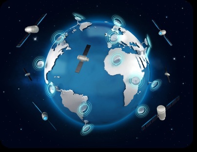 Digital illustration of Earth with multiple satellites orbiting and transmitting signal waves Digital illustration of Earth with multiple satellites orbiting and transmitting signal waves