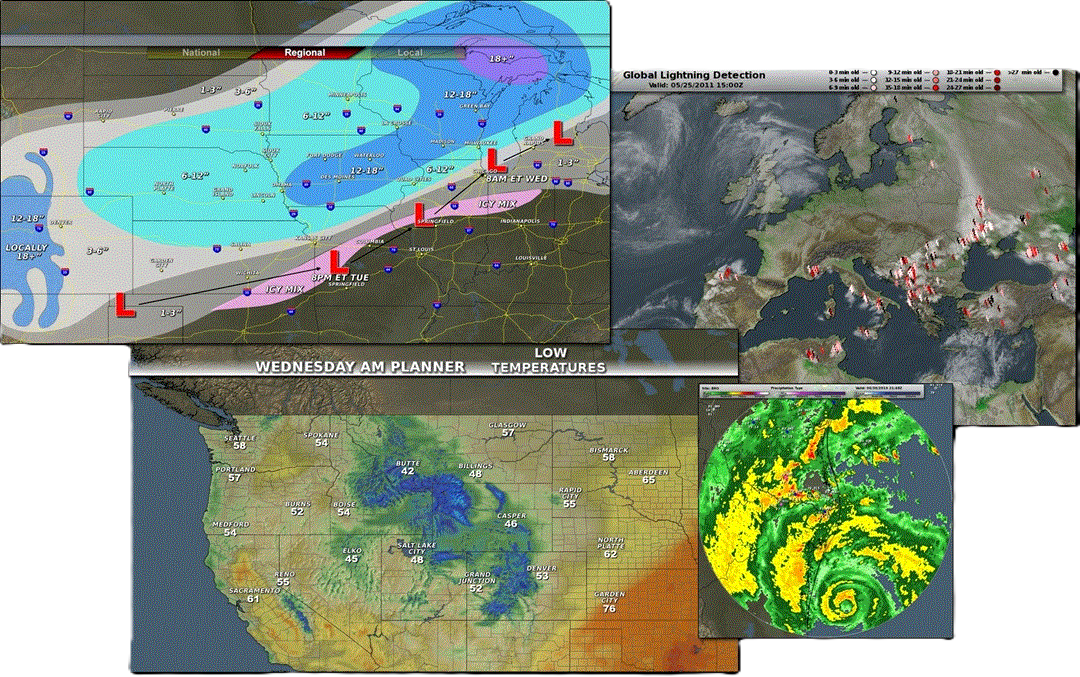 Collage of four weather maps showing snowfall forecasts, global lightning detection, low temperature planning, and radar imagery of a tropical storm Collage of four weather maps showing snowfall forecasts, global lightning detection, low temperature planning, and radar imagery of a tropical storm
